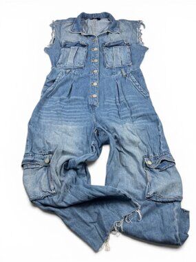 BlankNYC Denim Jumpsuit Blue Cargo Pockets Gorpcore Distressed Utility Retro M